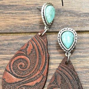 Turquoise and Tooled Leather Drop Earrings